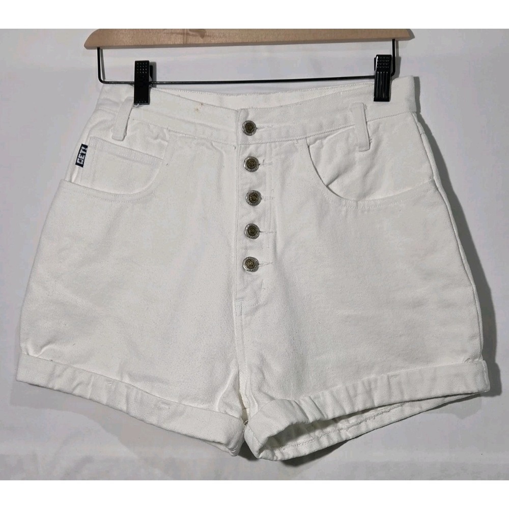 Get! Jeans Denim Shorts Womens 7/8 White‎ Roll Cufffed High Waist Button Fly 90s
